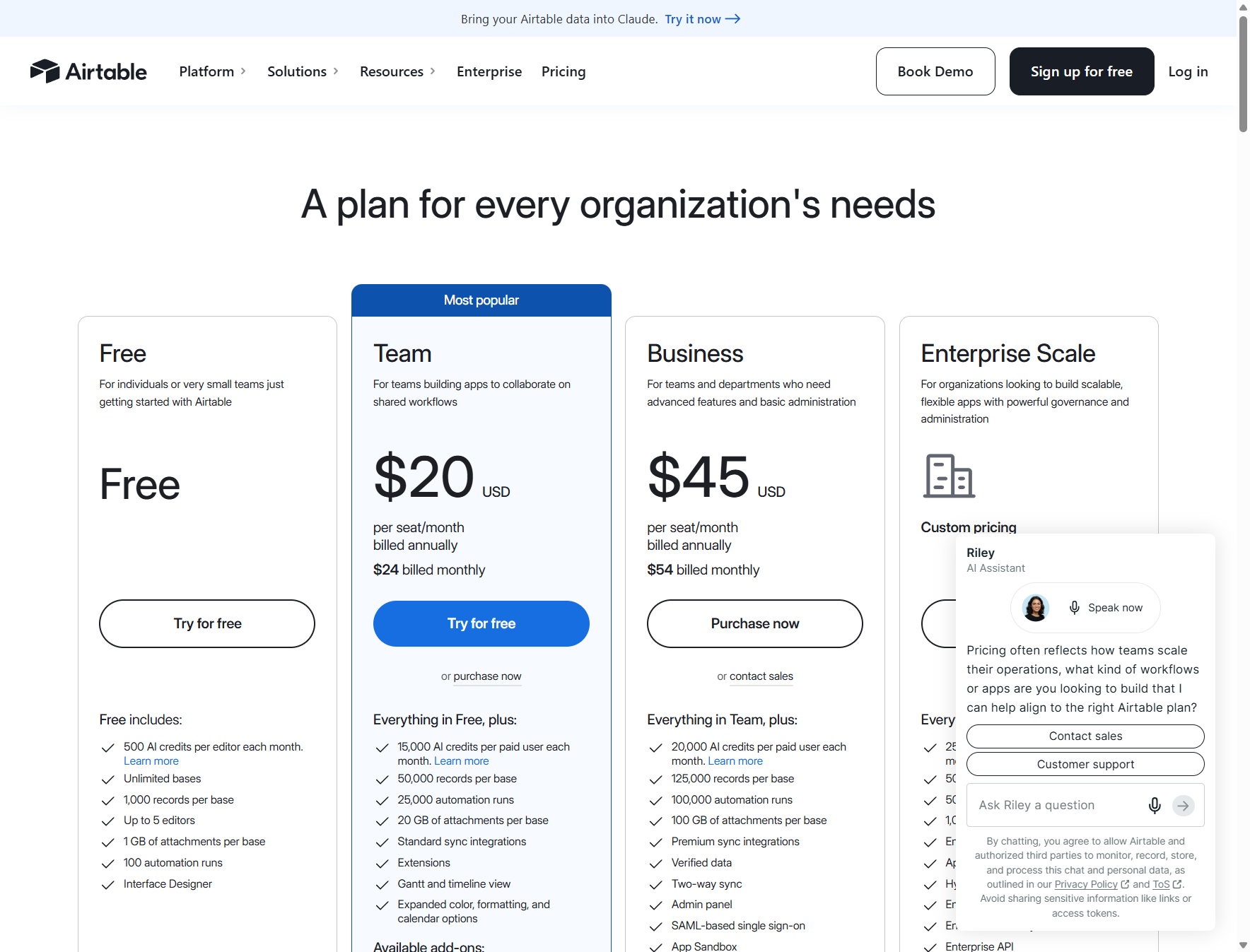 airtable.com/pricing captured 2026-10-26: four plan columns (Free, Team $20/user/mo annual, Business $45, Enterprise…