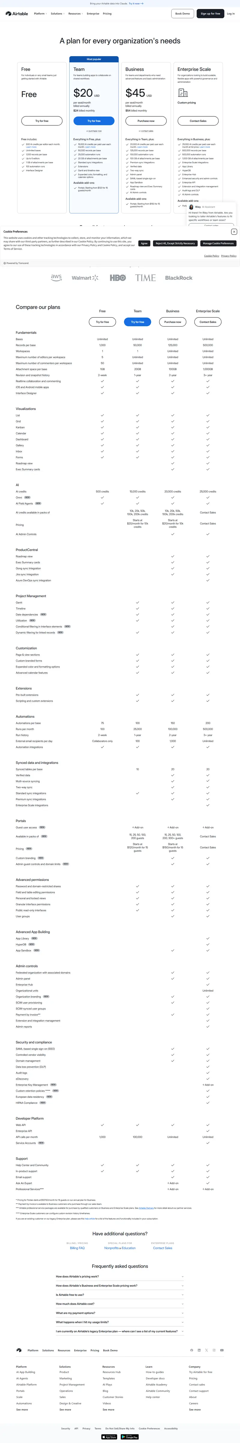 airtable.com/pricing re-checked 2026-10-06: Free $0; Team $20/seat/mo billed annually with $24 billed monthly; Busine…