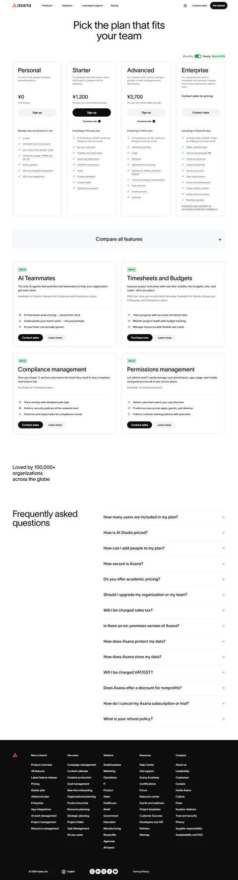 asana.com/pricing captured 2026-09-14: Free forever at 2 users, Starter $10.99/user/mo billed annually, Advanced $24.…