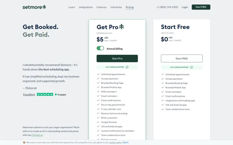 setmore.com/pricing captured 2026-09-02: free plan $0, Pro $5/user/mo annual billing, unlimited users on Pro