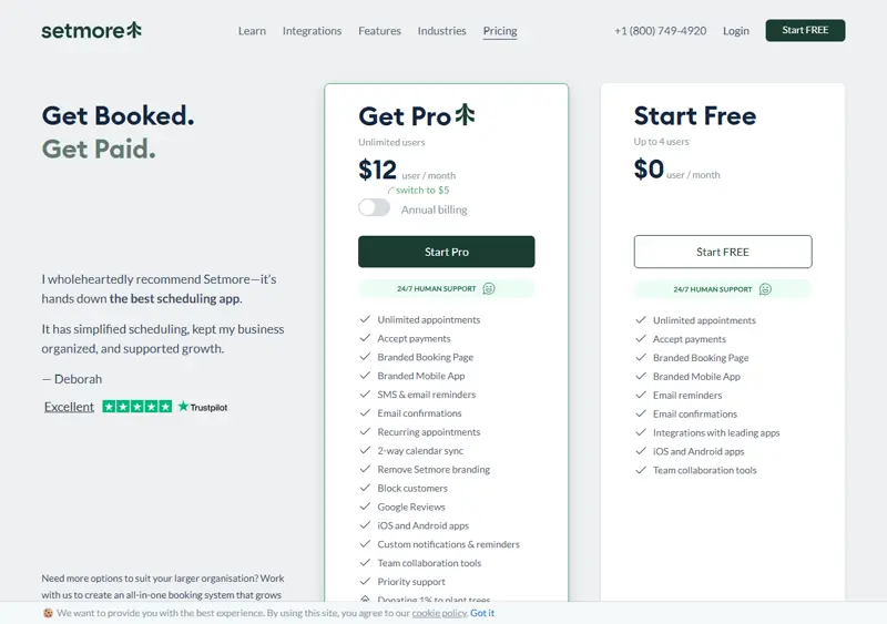 setmore.com/pricing 2026-10-13 after clicking the real billing switch (monthly state): Get Pro '$12 user / month'. The toggle's summary line names a 'team $9 per month' tier, but no Team card or Team price renders on the page