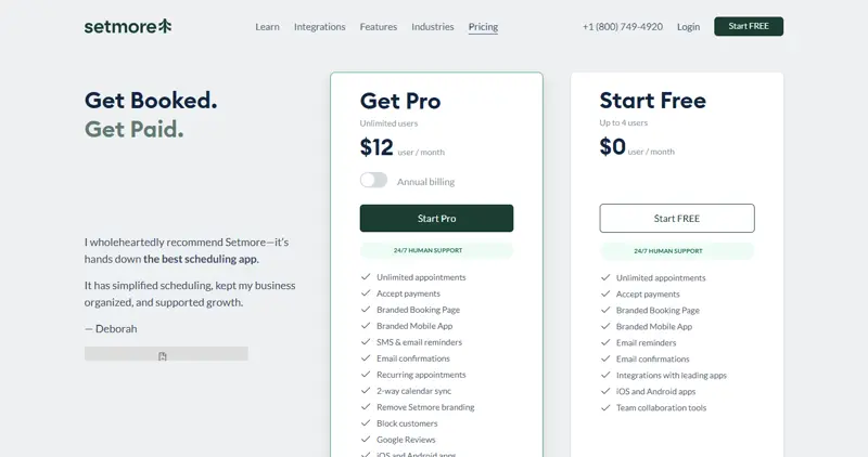 setmore.com/pricing 2026-10-14: billing toggle after a real click, now in the monthly state ($12 rendered on the Pro card)