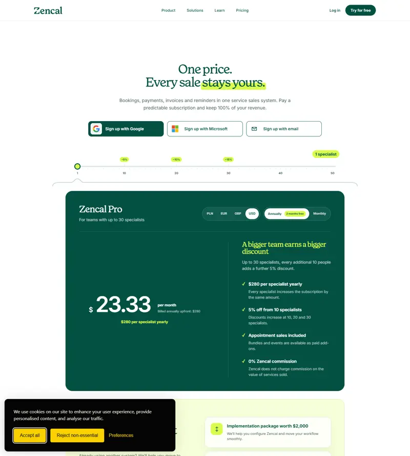 zencal.io/pricing re-captured 2026-10-15: the free tier is gone from the page — it now shows Zencal Pro at $23.33/mo billed annually ($280 per specialist per year) plus Enterprise, and the sign-up CTAs read 'Try for free' / '14 days free'. Our 09-02, 09-29 and 10-13 captures all showed '$0 forever — 1 agent, 1 schedule, 50 bookings'. Same page confirmed by a second, independent fetch (curl, text layer) on the same day