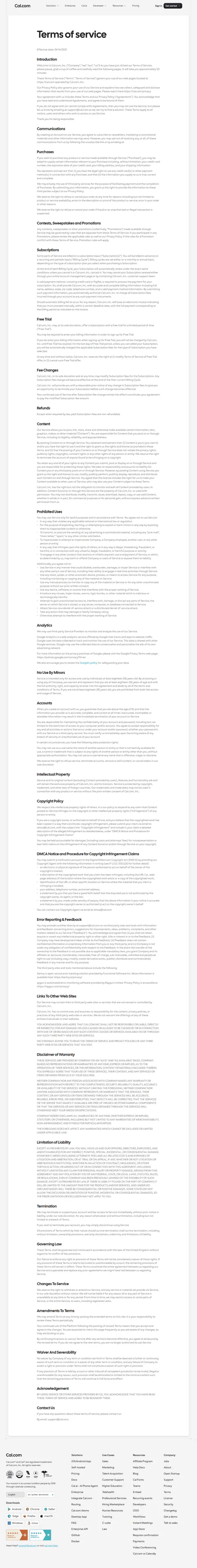 cal.com/terms captured 2026-09-11 in a headless session — full terms page (26k+ characters). Version banner reads 'Ef…