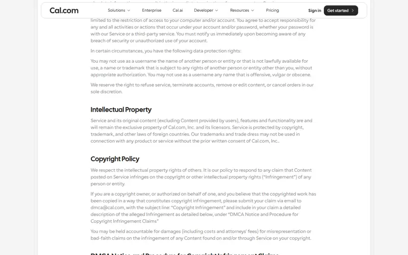 Fee Changes clause: 'Any Subscription fee change will become effective at the end of the then-current Billing Cycle.' Also the Free Trial clause reserving Cal.com's right to cancel the offer at any time without notice — captured 2026-09-11