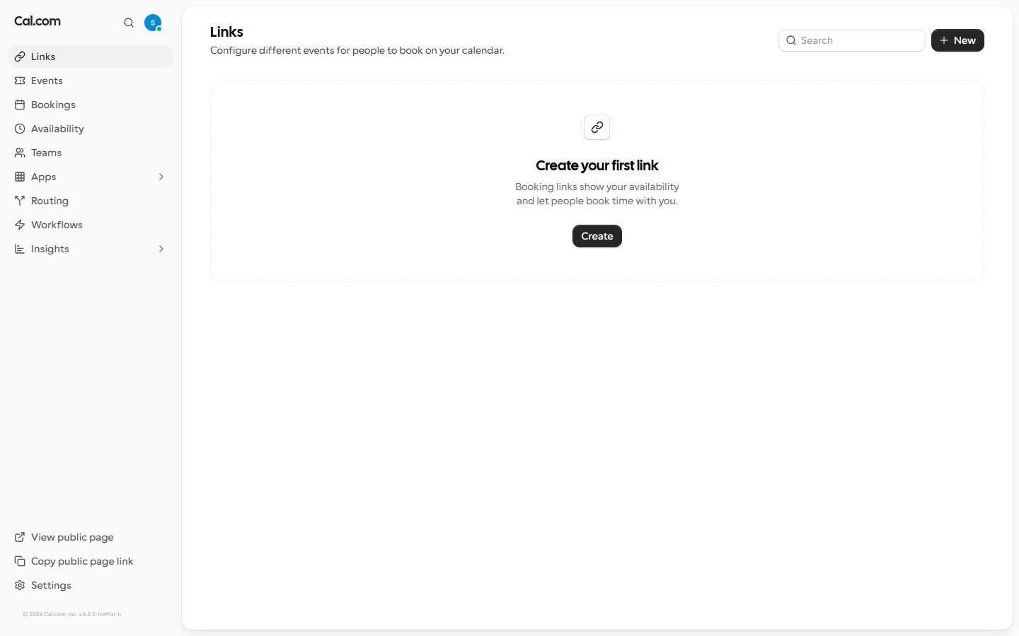 Empty Links page right after signup — 'Create your first link'