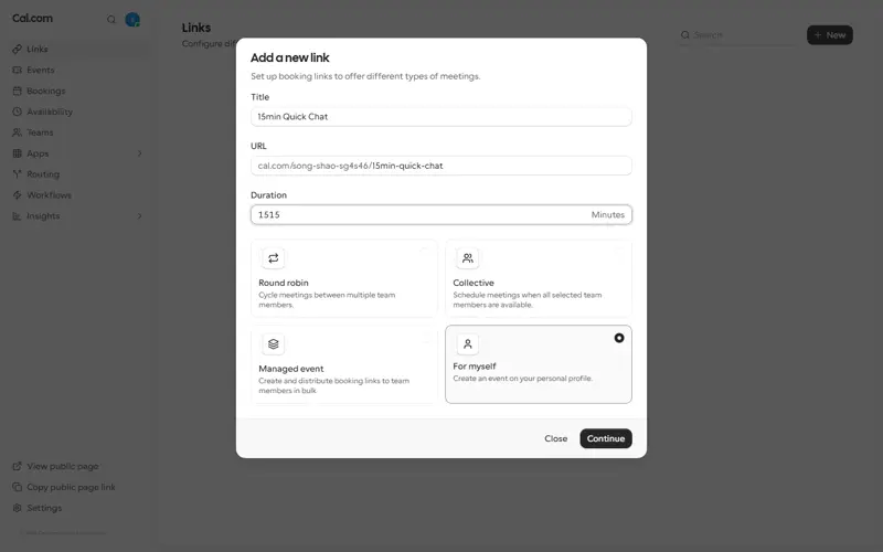 'Add a new link' quick dialog: title + duration + For myself