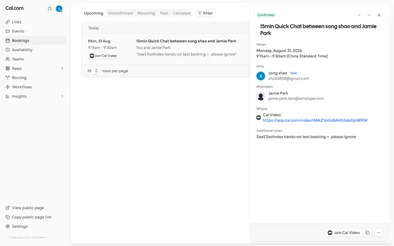 Booking detail view opened from list