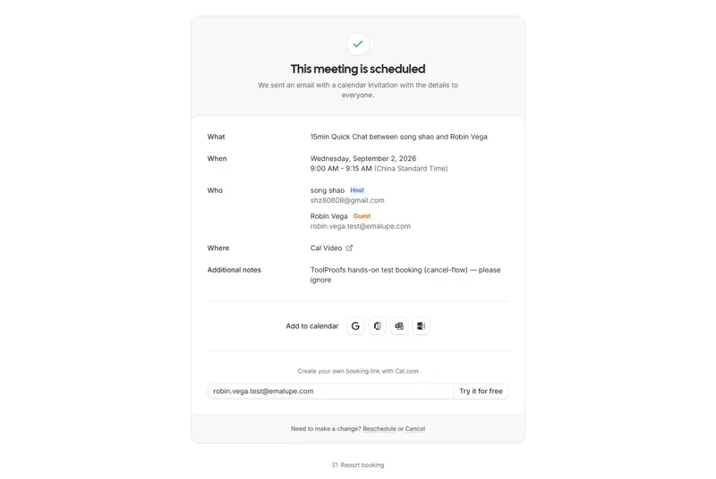 Retest booking (Robin Vega, Wed Sep 2 9:00-9:15am) confirmed from a logged-out visitor context — fresh target for the cancel-flow completion run
