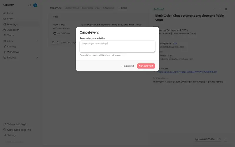 Owner-side cancel flow opened: Options → Cancel event → reason dialog
