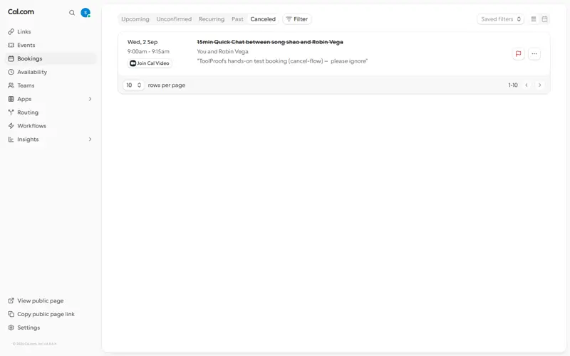 Post-cancel final state: booking gone from Upcoming, present in Cancelled tab; API logged POST /api/cancel -> 200 {"success":true,"bookingUid":"n5Rbk5KWt7FTjA77D4H3U2"}