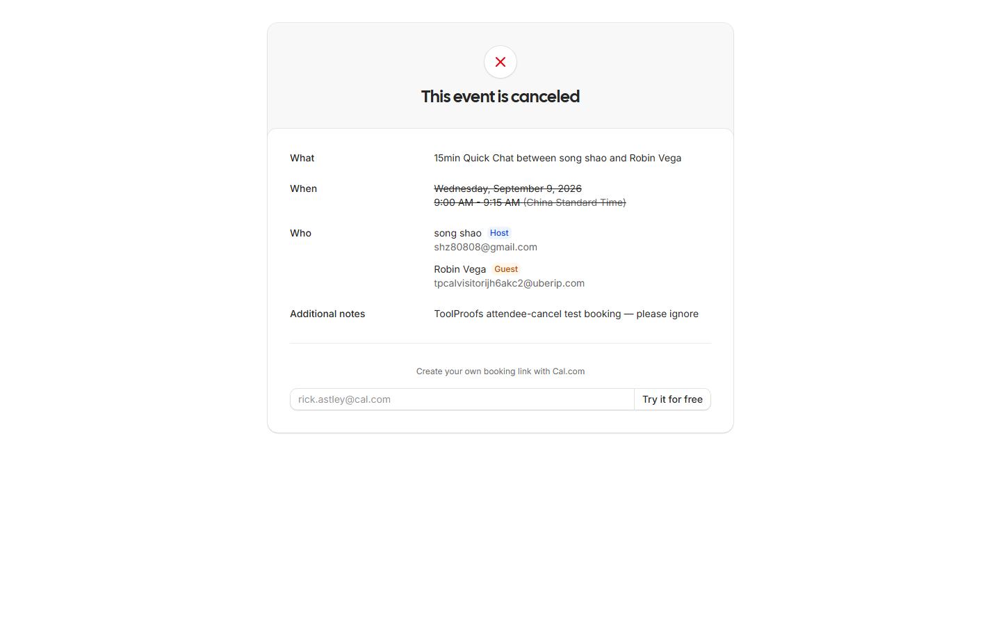 The attendee-facing link from the confirmation email (booking URL with cancel=true + cancelledBy=<visitor email>) opened in a logged-out browser — renders directly as "This event is canceled", no login gate