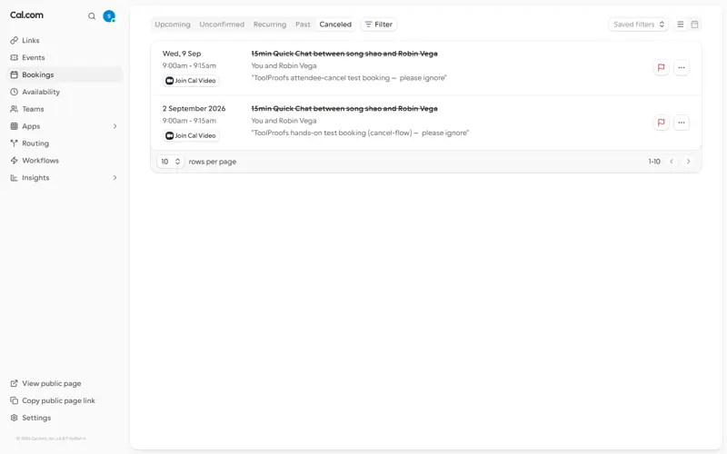 Host bookings view shortly after the attendee-side cancel