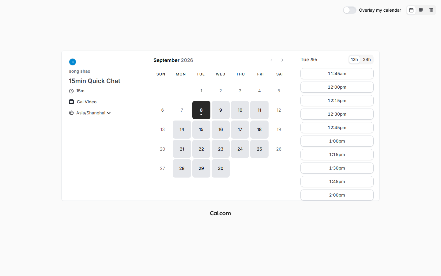 Fresh visitor booking (Robin Vega, 9/11 9:00 slot) created to test the attendee reschedule flow