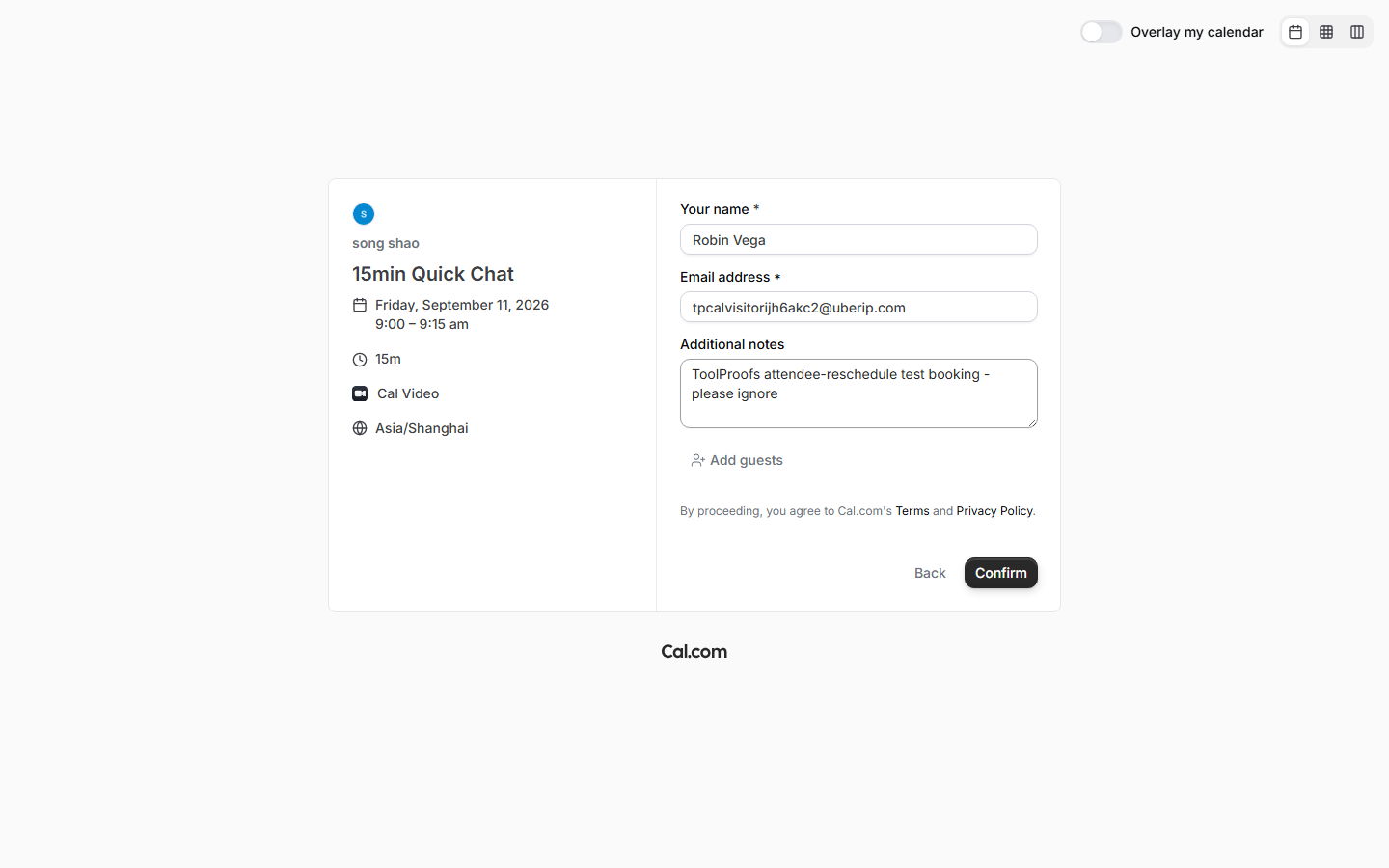 Visitor booking form filled before confirmation