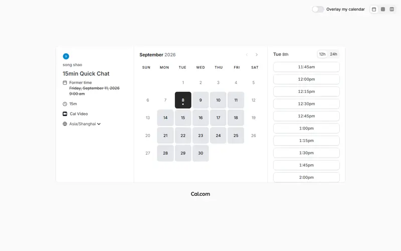 Logged-out /reschedule/<uid> page — prefilled attendee email, 'Former time' shown, calendar grid (no day/slot testids — located by time text)
