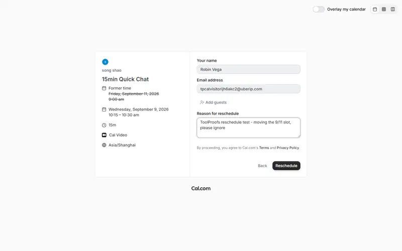 New slot picked (Wed 9/9) with the reschedule form — name/email/reason fields and Reschedule button