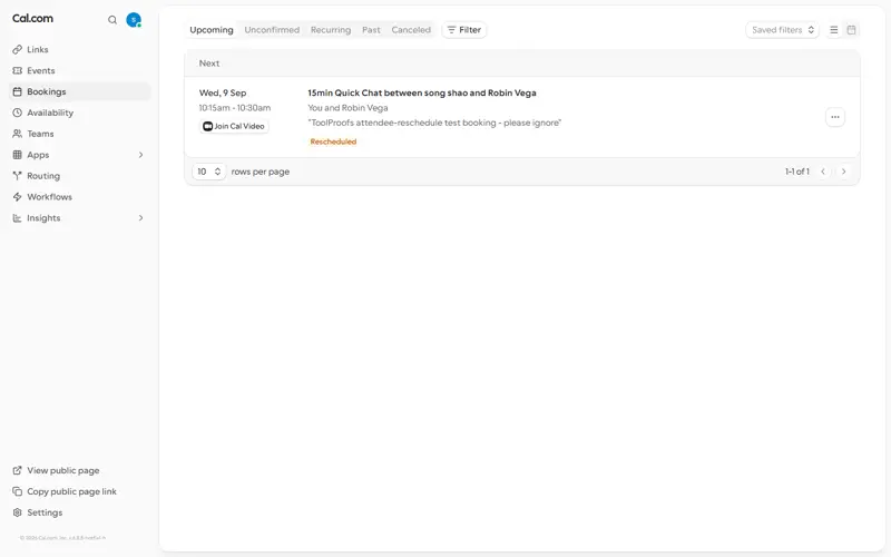 Host Upcoming tab now shows the 9/9 10:15 slot with a Rescheduled badge; the original 9/11 slot is gone