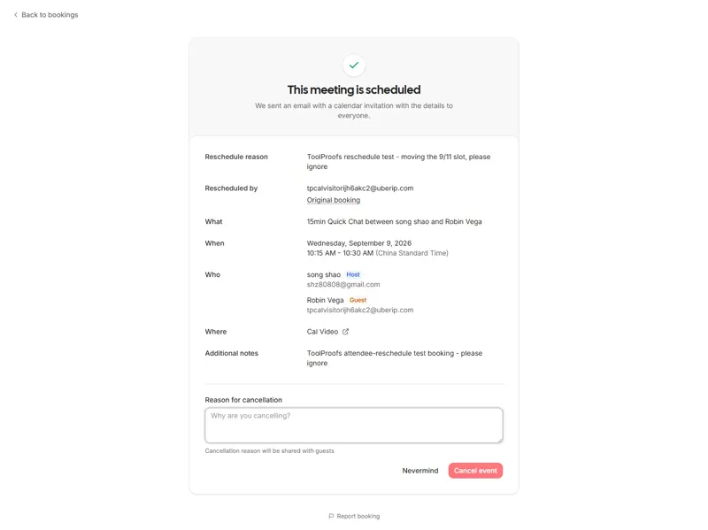 Post-test cleanup of the test booking in the host view
