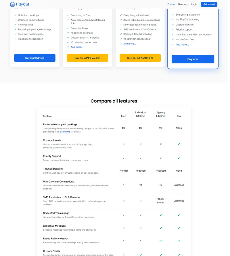 tidycal.com/pricing captured 2026-10-15: Free $0 forever, $29 / $79 lifetime tiers, $12/mo or $99/yr Pro, 1% platform fee