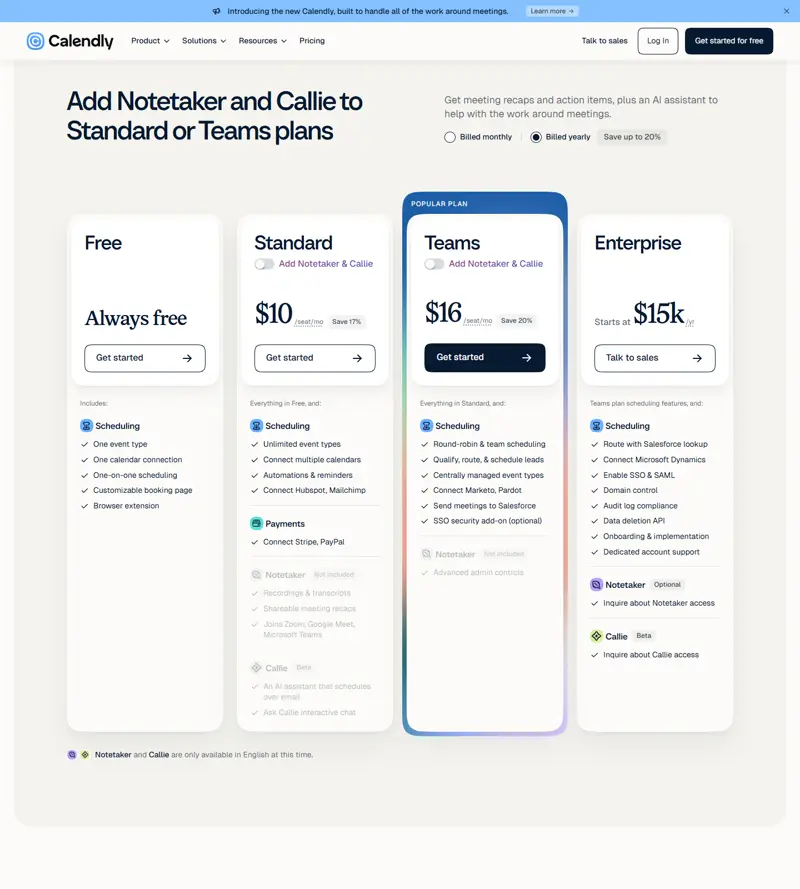 calendly.com/pricing captured 2026-10-16: Free 'Always free' = one event type + one calendar connection; Standard $10…