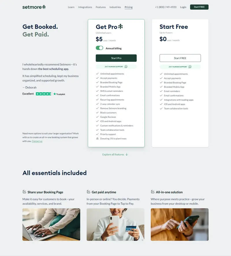 setmore.com/pricing captured 2026-10-16 (annual-billing state): Start Free 'Up to 4 users' $0/user/mo with unlimited appointments and payments accepted, Get Pro '$5 user / month' with Unlimited users; the plan matrix lists 2-way calendar sync and SMS reminders as Pro-only