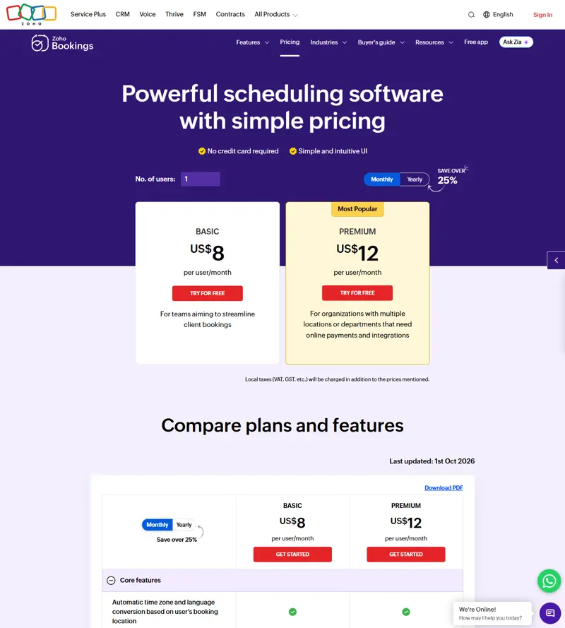 zoho.com/bookings/pricing.html 2026-10-16 after clicking the real Monthly toggle: the same two plans reprint as US$8 (BASIC) and US$12 (PREMIUM) per user/month — the annual pair is therefore exactly 25% below the monthly pair, not 'over 25%' as the banner claims
