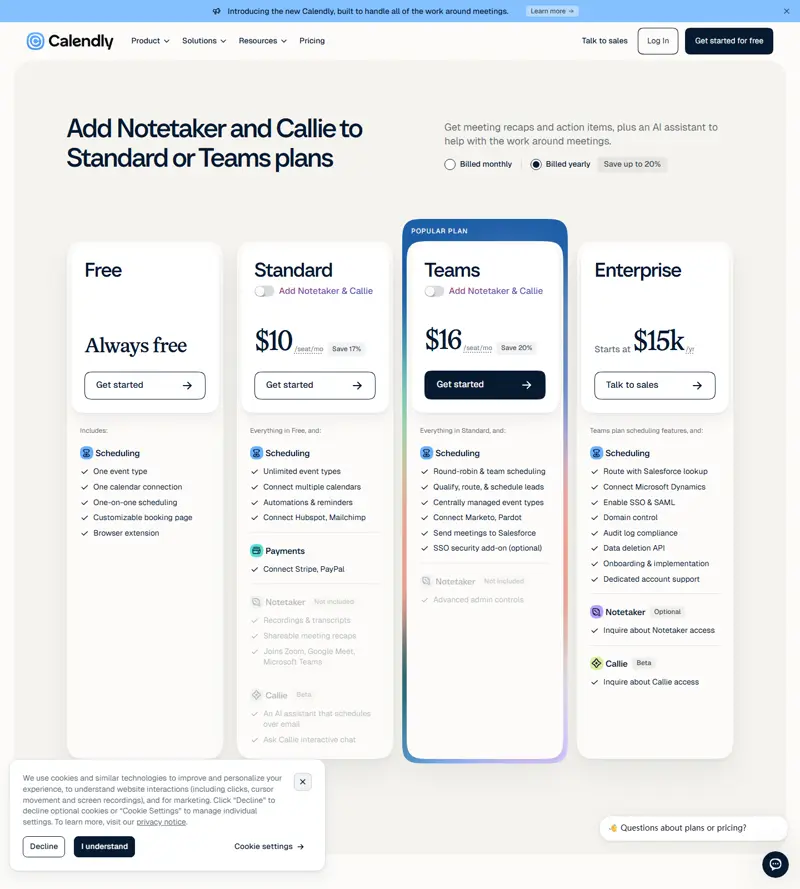 calendly.com/pricing captured 2026-10-11 (UTC), default annual state: Standard $10/seat/mo with a "Save 17%" badge, T…