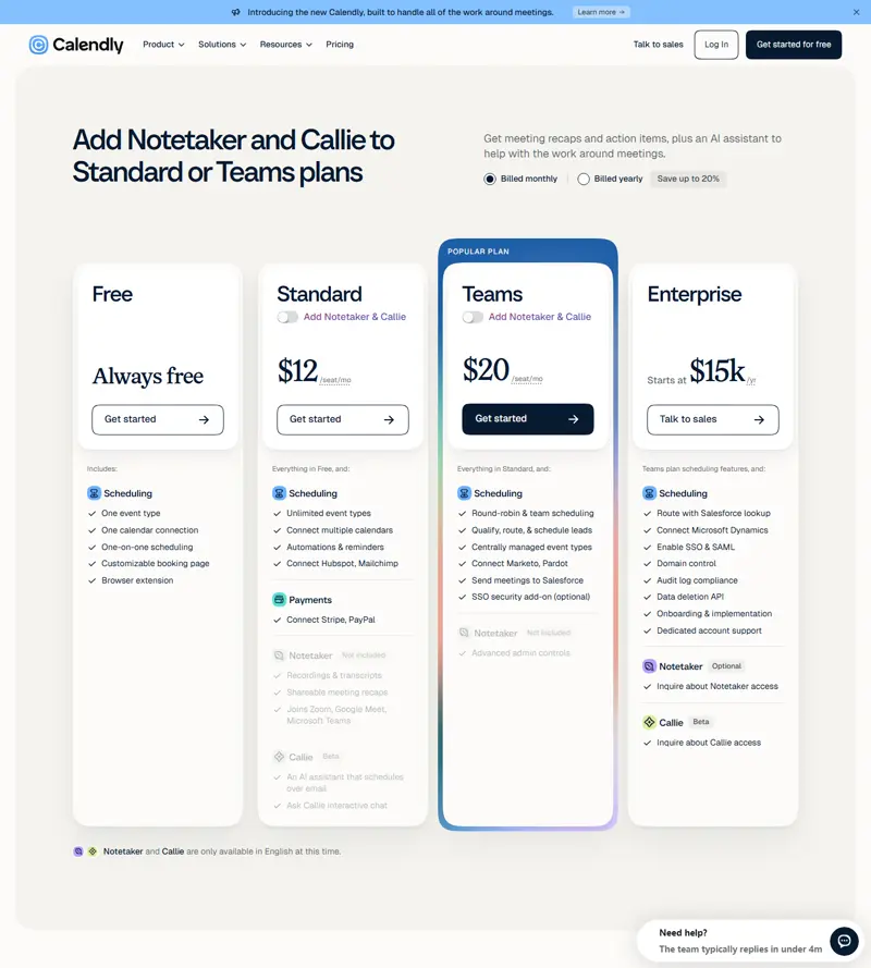Same page after clicking the real "Billed monthly" control (2026-10-11): Standard $12, Teams $20, and both Save badges disappear from the rendered cards