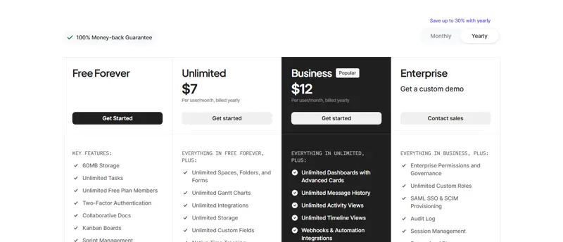 clickup.com/pricing captured 2026-09-18 (default yearly state): 'Save up to 30% with yearly' banner and Free Forever…