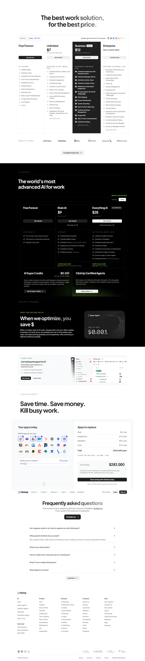 clickup.com/pricing captured 2026-09-14 (yearly state): Free Forever with unlimited tasks and members, Unlimited $7/user/mo yearly ($10 monthly), Business $12 ($19 monthly)