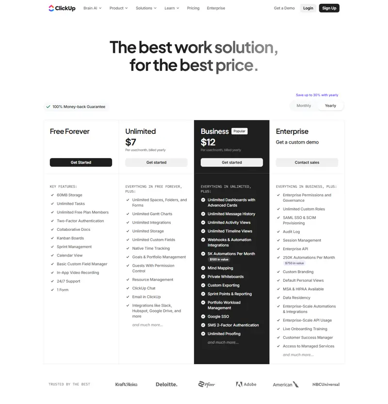 clickup.com/pricing captured 2026-10-06 (US/USD): Free Forever $0, Unlimited at $7 per user/month billed yearly, Busi…