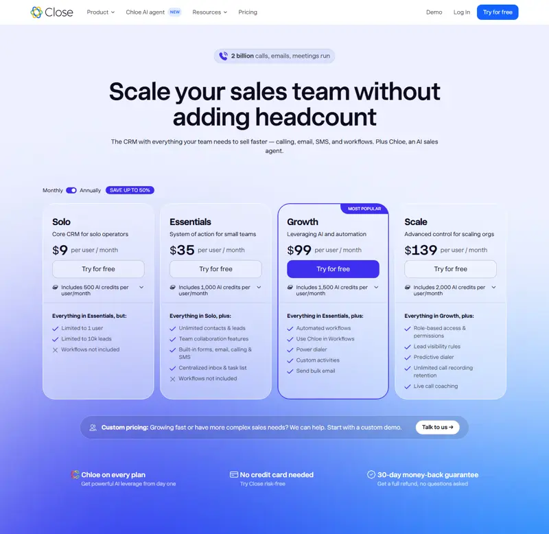 close.com/pricing captured 2026-10-08 (01:49 UTC), annually state: Solo $9, Essentials $35, Growth $99, Scale $139 pe…