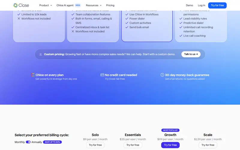 Same 2026-09-19 capture: Close's entry is a 14-day trial, 'no credit card, no contracts' — a trial, not the standing free CRM HubSpot offers