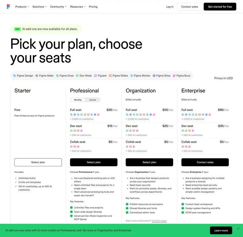 Same page after clicking "Monthly": Professional Full $20, Dev $15, Collab $5 — Organization and Enterprise are unchanged, they have no monthly state