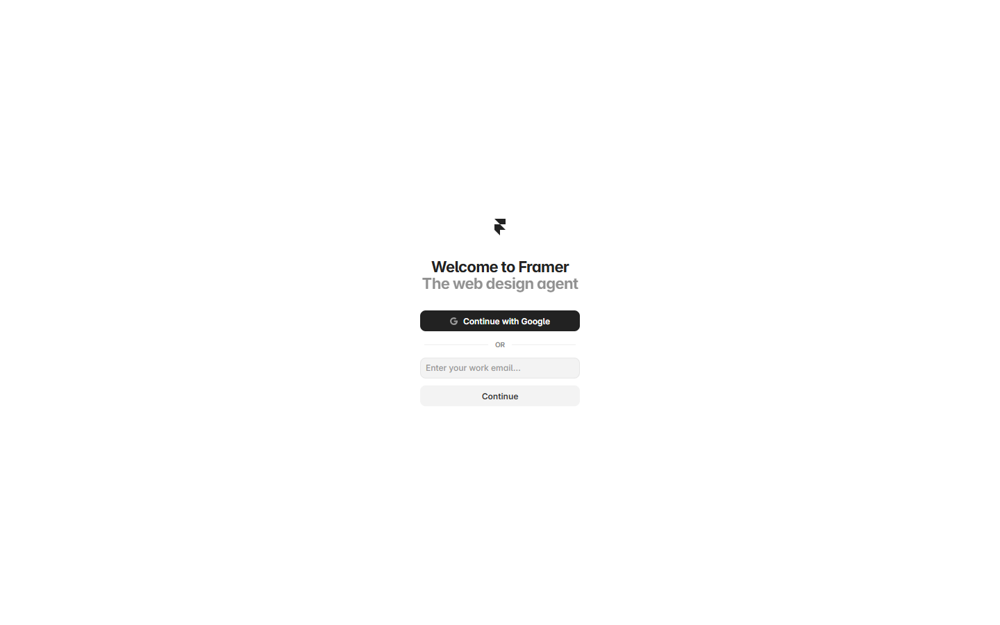 framer.com/login as reached on 2026-09-10: one work-email field, 'Continue with Google' and 'Continue'; a reCAPTCHA script is present on the page