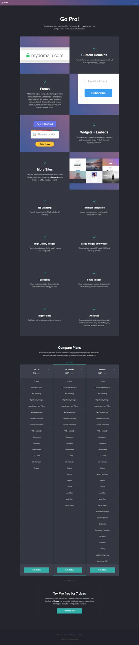 carrd.com/pro captured 2026-09-24: the full plan ladder re-dumped from the page DOM — Pro Lite $9, Standard $19, Plus…