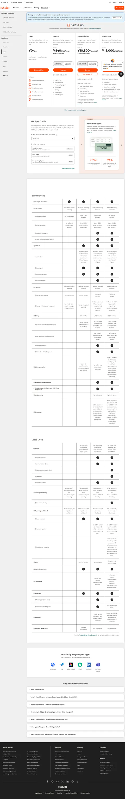 hubspot.com/pricing/sales captured 2026-09-19 in a headless session with default geo detection: the header currency s…