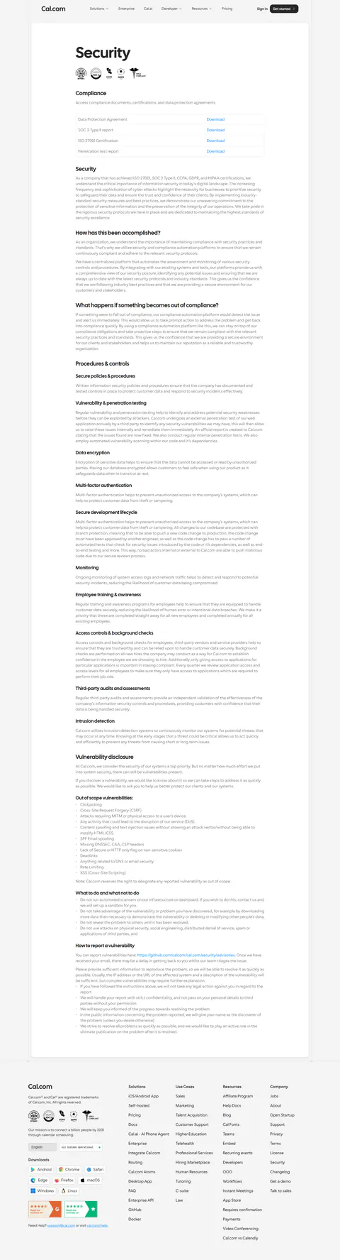 cal.com/security captured 2026-09-02: ISO 27001 + SOC 2 Type II claims with downloadable report links, GDPR/CCPA/HIPA…