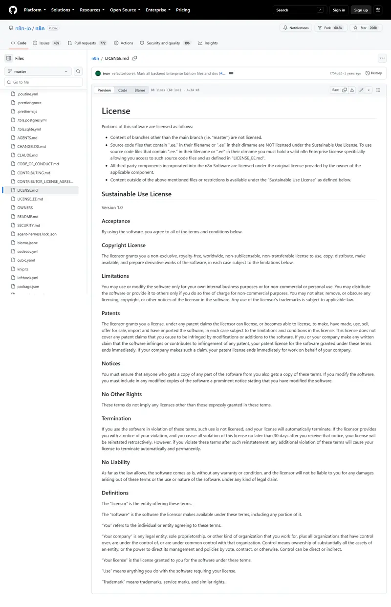 github.com/n8n-io/n8n/blob/master/LICENSE.md rendered, captured 2026-09-21: 'Sustainable Use License' and 'Version 1.0' matched in the rendered text; the file opens by excluding '.ee.' files from this license and reserving them for the n8n Enterprise License (LICENSE_EE.md)