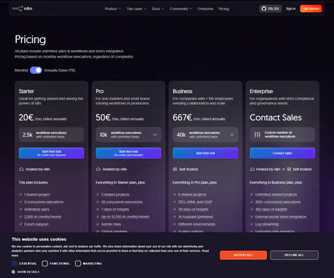 n8n.io/pricing captured 2026-09-20 in the default 'billed annually' state: Starter 20€ for 2.5k workflow executions a…