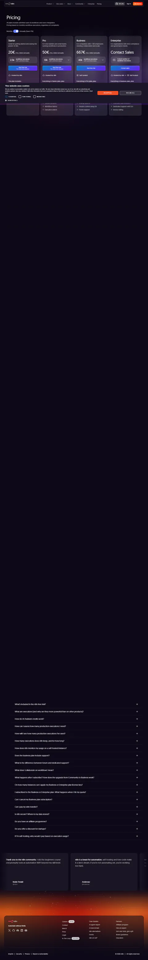 n8n.io/pricing captured 2026-09-16 in the default Annually state: Starter 20€/mo (2.5k executions), Pro 50€/mo (10k), Business 667€/mo self-hosted (40k)