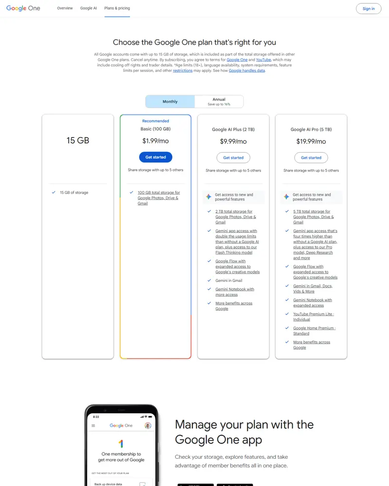 one.google.com/about/plans monthly view captured 2026-10-04: Basic (100 GB) $1.99/mo, Google AI Plus (2 TB) $9.99/mo, Google AI Pro (5 TB) $19.99/mo, with a Monthly/Annual toggle marked 'Save up to 16%'
