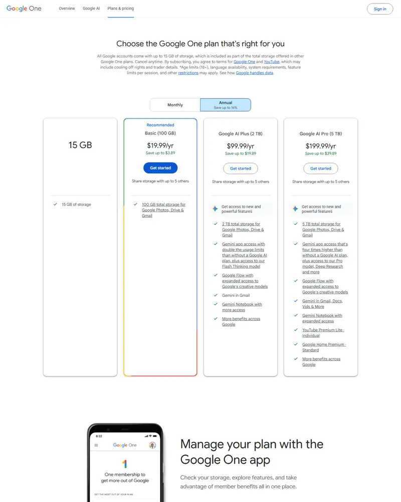 Same page switched to its Annual view, 2026-10-04: 100 GB $19.99/yr (save $3.89), Google AI Plus (2 TB) $99.99/yr (save $19.89), Google AI Pro (5 TB) $199.99/yr