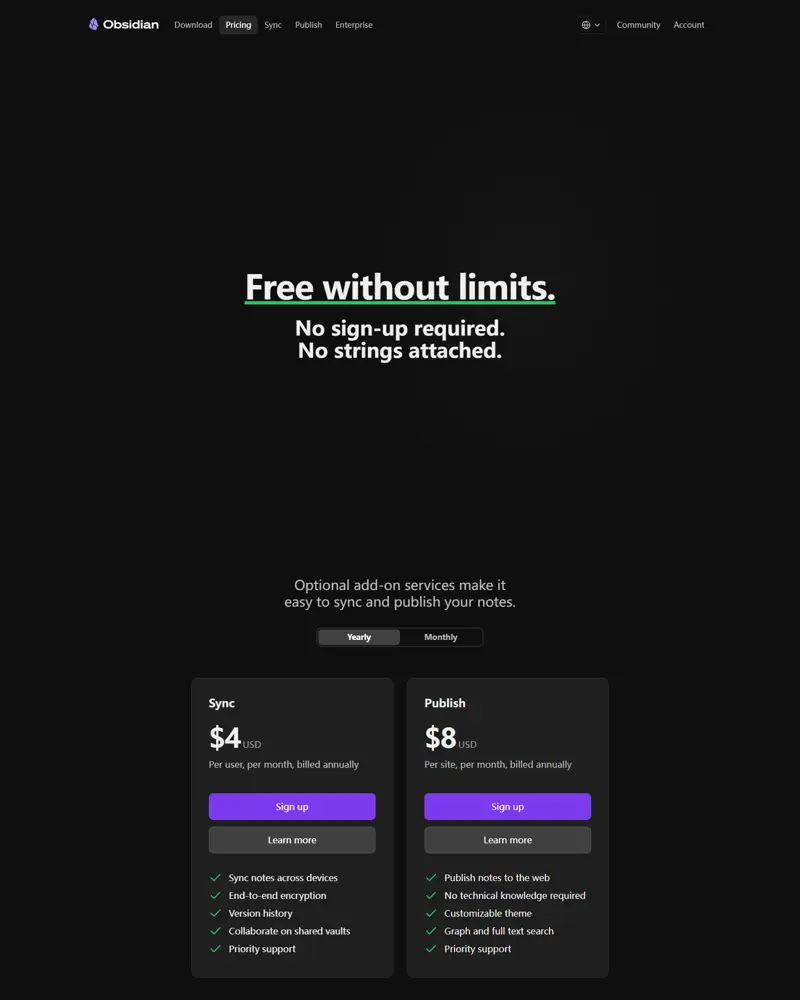 obsidian.md/pricing captured 2026-10-04 (US/USD): app free with no sign-up, Sync $4/user/mo annual ($5 monthly), Publ…