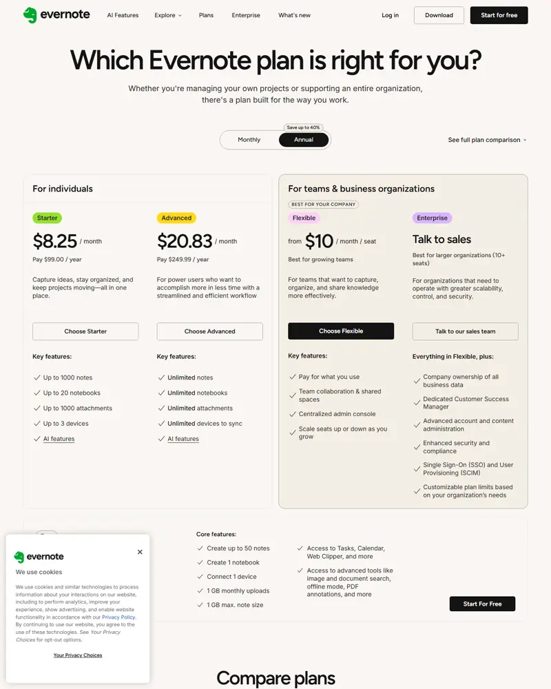 evernote.com/compare-plans captured 2026-10-04 (US/USD): Free $0 with up to 50 notes, 1 notebook, 1 device, 1 GB mont…