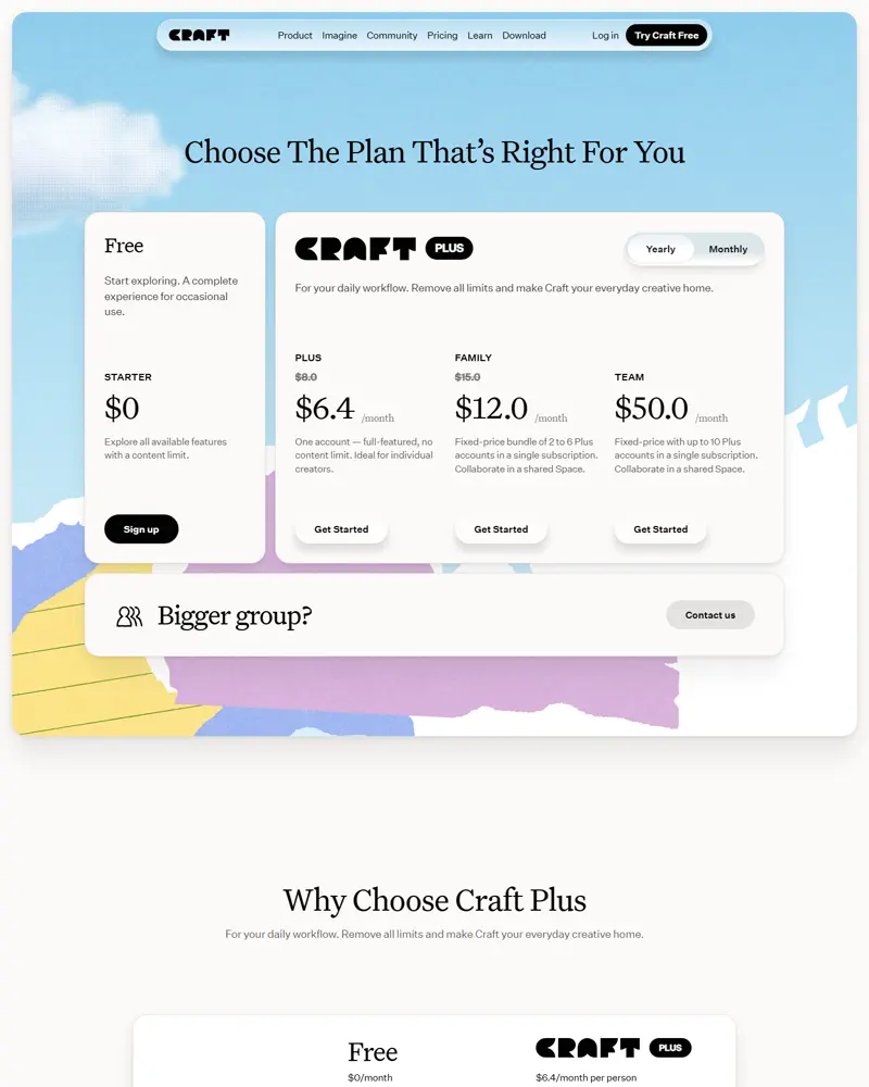 craft.do/pricing captured 2026-10-04 (US/USD, Yearly view): Free $0 limited to 1,500 blocks / 1 GB storage / 25 MB me…
