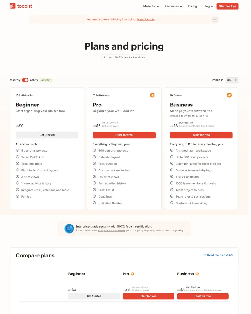 todoist.com/pricing captured 2026-10-04 (US/USD, yearly view with a Monthly/Yearly toggle): Beginner $0 with 5 person…