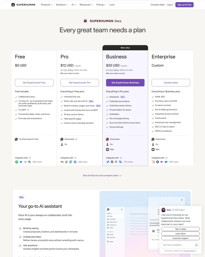 coda.io/pricing captured 2026-10-04, which redirects to superhuman.com/plans: Free $0, Pro $12 USD/month per Doc Make…