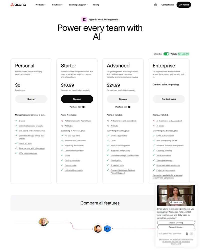 asana.com/pricing captured 2026-10-04 (US/USD, yearly view, 'Save up to 18%'): Personal $0 free forever for 2 users w…